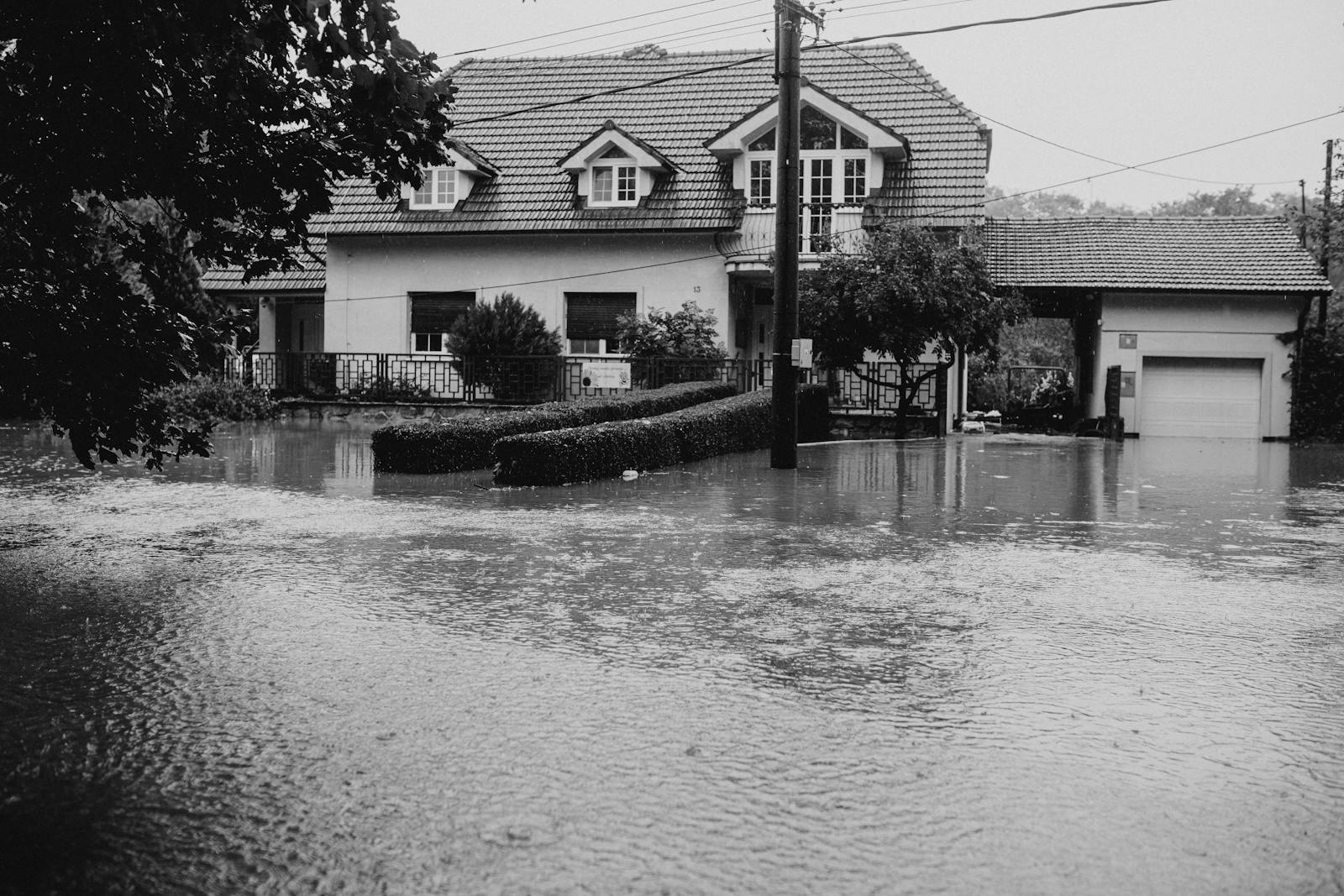 Black and White Photo of Flooded Suburban House