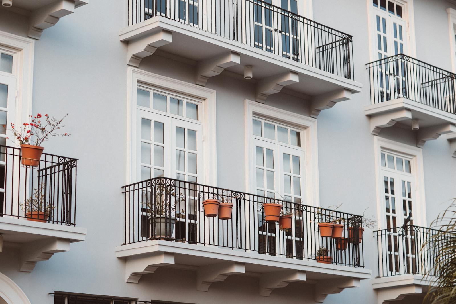 Front view of a modern building with balconies, pots, and white framed windows.